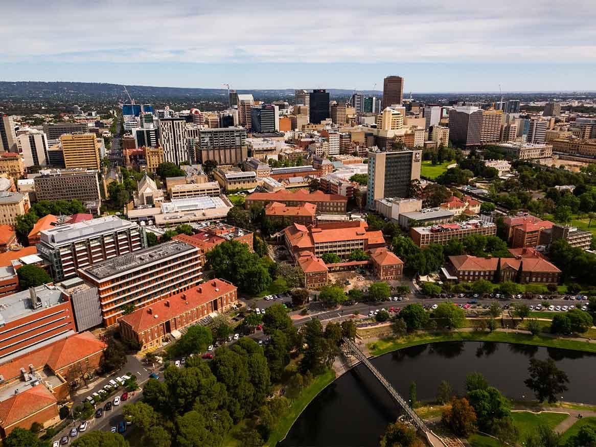 Aerial drone images of UoA North Terrace campus and ϲʿ CBD